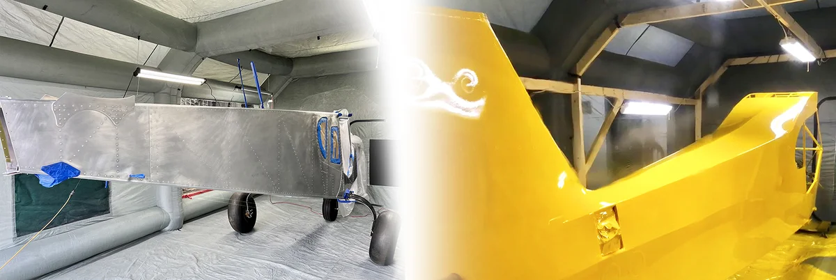 Side-by-side before and after view of aircraft fuselage inside the inflatable booth